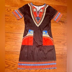 Source Unknown Black Dashiki-Inspired Mini Dress with Red & Blue Accents